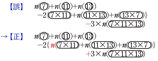10行目で「7×11)」の前に「n(」が欠けている。また，11行目の初めの「ー』は「＋」の間違い。」